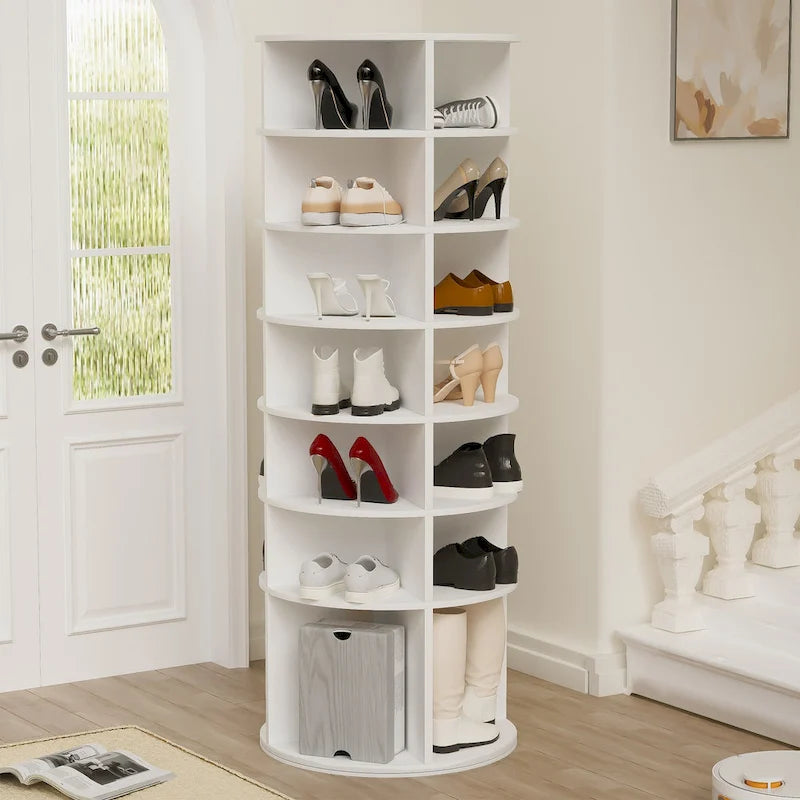 7-Tier 360-Degree Rotating Shoe Rack Tower for 28 Pairs with High Bottom Design