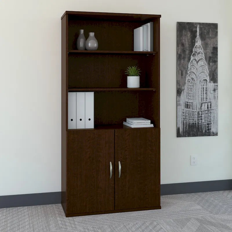 36-Inch 5-Shelf Bookcase with Doors for Home or Office