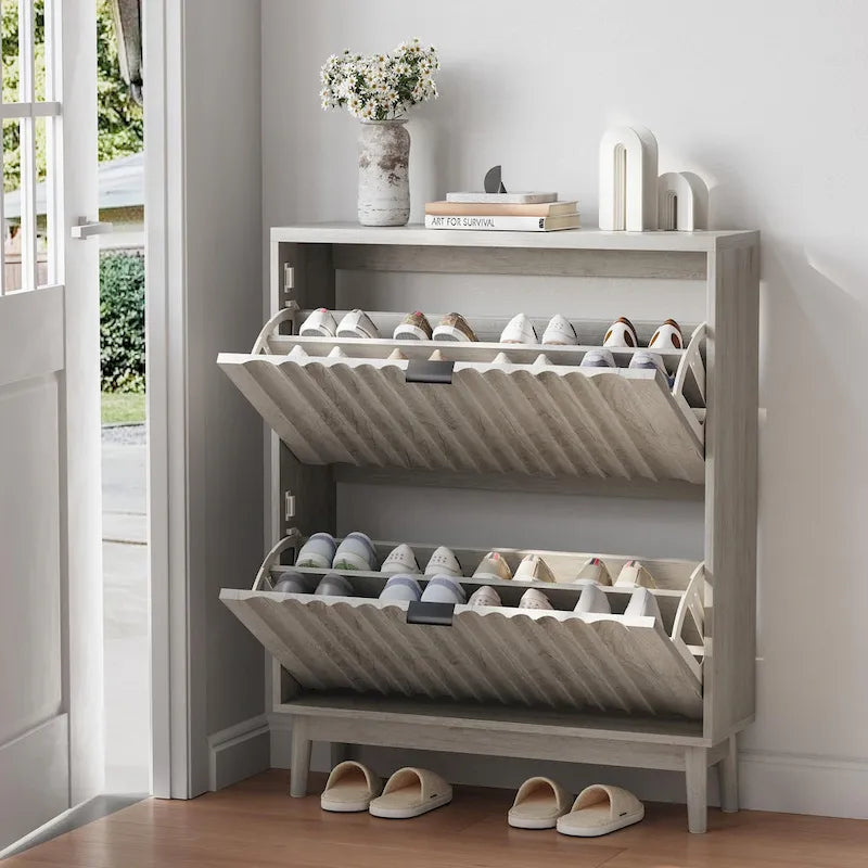 Shoe Cabinet with 2 Flip Drawers, Fluted Shoe Storage Cabinet for Entryway, Free Standing Shoe Storage Organizer with Wave Doors