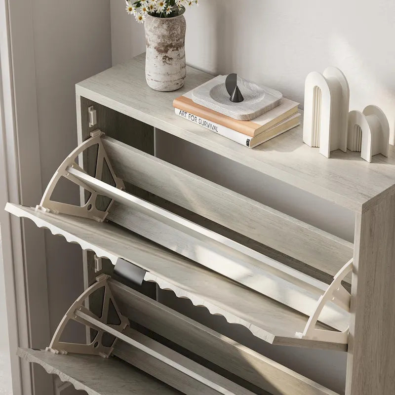Shoe Cabinet with 2 Flip Drawers, Fluted Shoe Storage Cabinet for Entryway, Free Standing Shoe Storage Organizer with Wave Doors