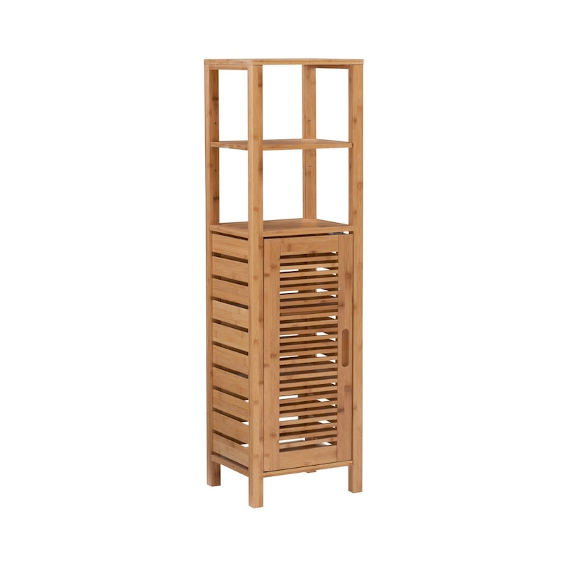 Single Door Bamboo Storage Cabinet with 3 Interior Shelves and 2 Open Top Shelves, 46.5 Inches