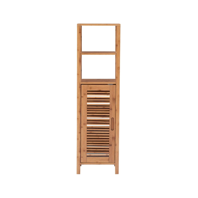 Single Door Bamboo Storage Cabinet with 3 Interior Shelves and 2 Open Top Shelves, 46.5 Inches