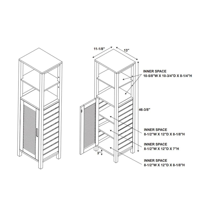 Single Door Bamboo Storage Cabinet with 3 Interior Shelves and 2 Open Top Shelves, 46.5 Inches