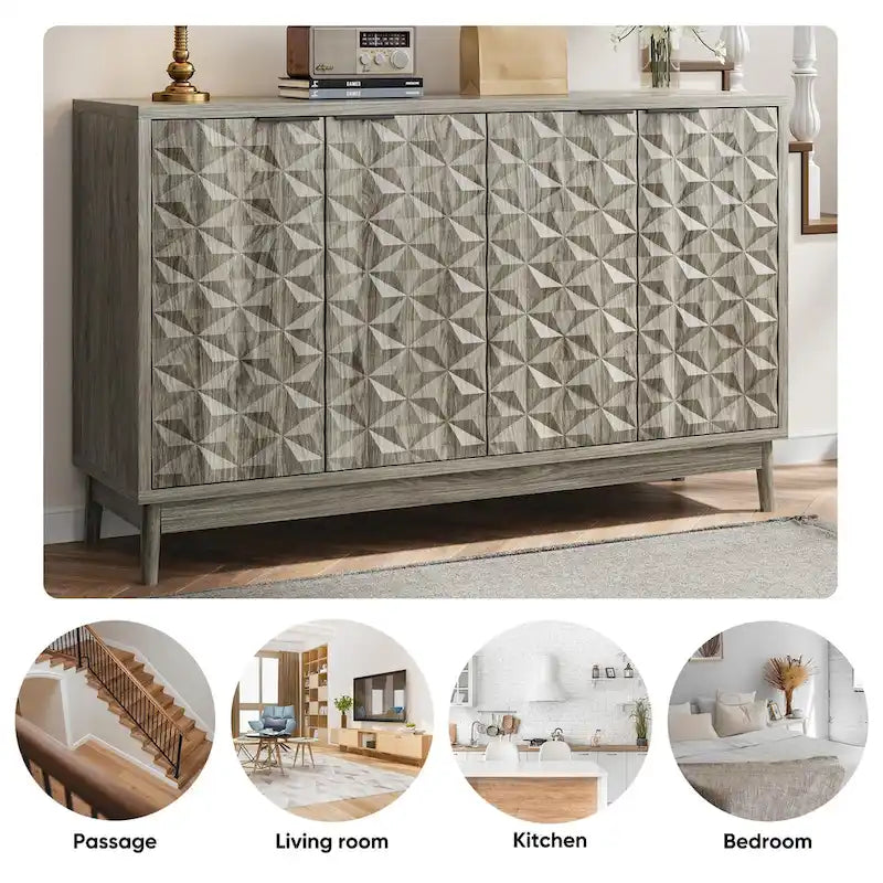 Modern Sideboard Buffet Cabinet with 4 Diamond Relief Doors