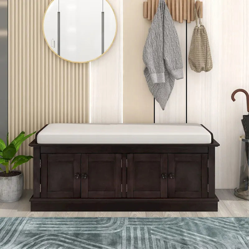 Entryway Storage Bench with 4 Doors, Adjustable Shelves and Removable Cushion, 42.7 Inches