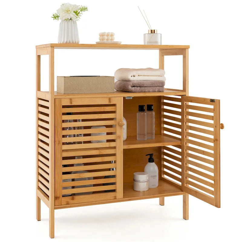 Bamboo Storage Cabinet with Double Louvered Doors, Open Shelf and Removable Interior Shelf