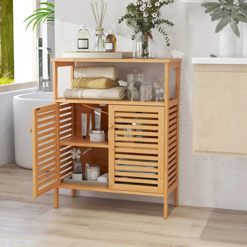 Bamboo Storage Cabinet with Double Louvered Doors, Open Shelf and Removable Interior Shelf
