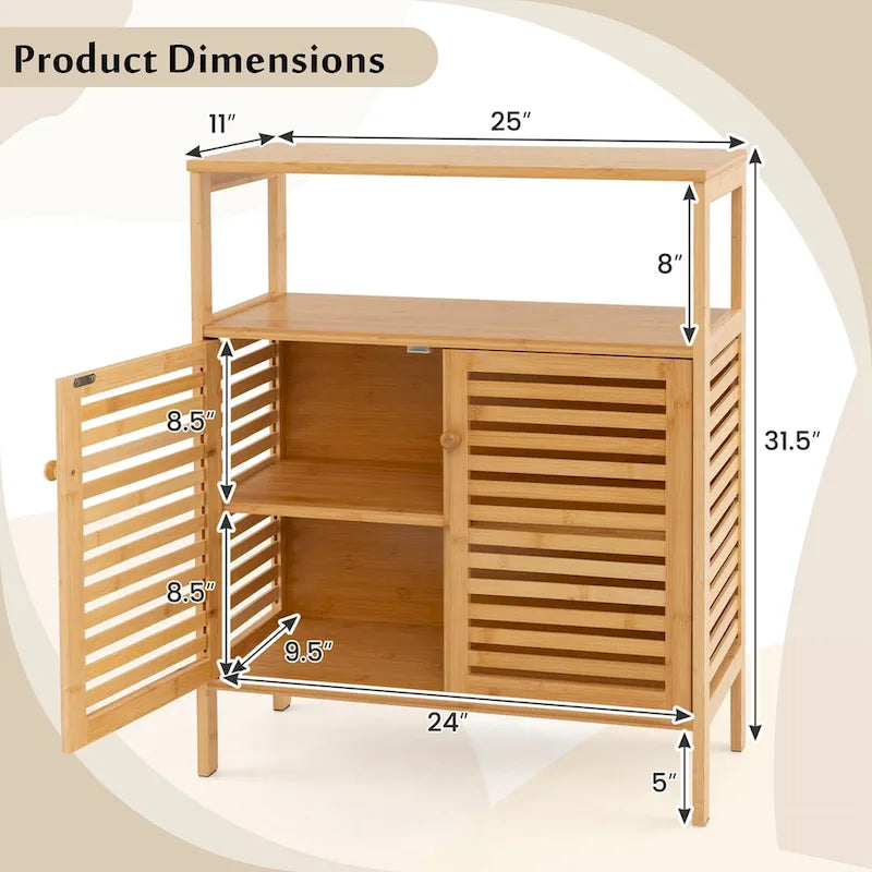 Bamboo Storage Cabinet with Double Louvered Doors, Open Shelf and Removable Interior Shelf
