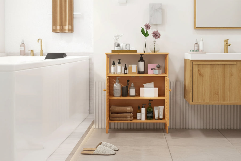 Bamboo Storage Cabinet with Double Louvered Doors, Open Shelf and Removable Interior Shelf