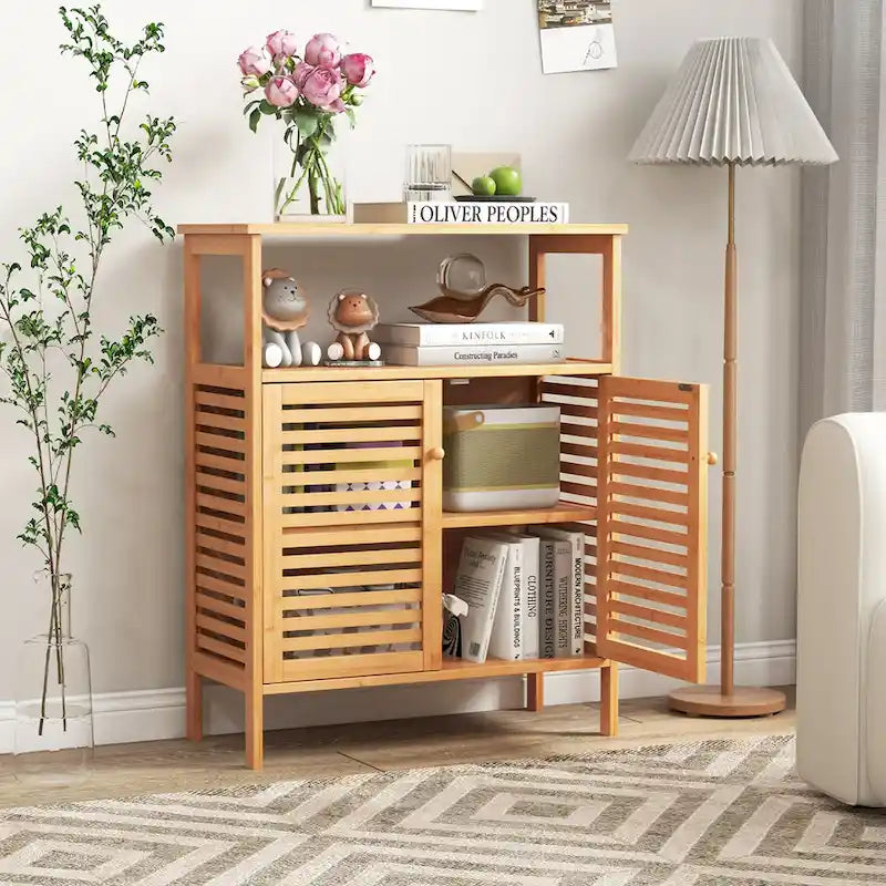 Bamboo Storage Cabinet with Double Louvered Doors, Open Shelf and Removable Interior Shelf