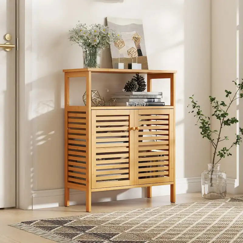 Bamboo Storage Cabinet with Double Louvered Doors, Open Shelf and Removable Interior Shelf