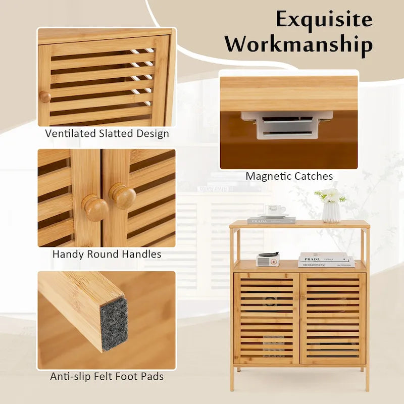 Bamboo Storage Cabinet with Double Louvered Doors, Open Shelf and Removable Interior Shelf