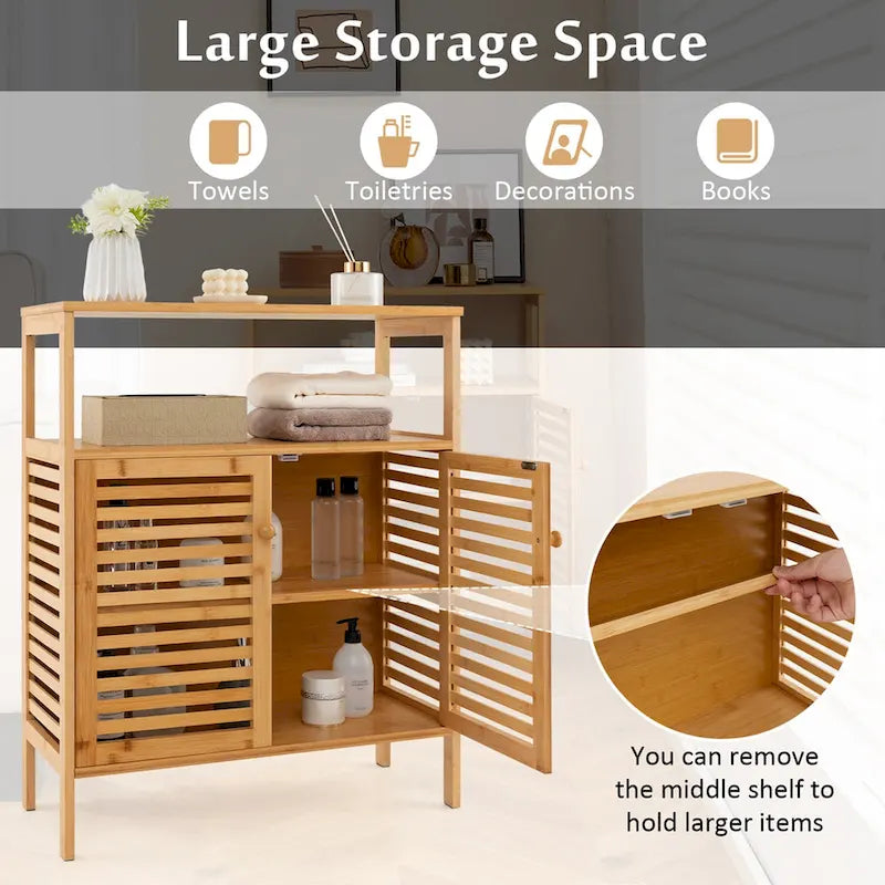 Bamboo Storage Cabinet with Double Louvered Doors, Open Shelf and Removable Interior Shelf