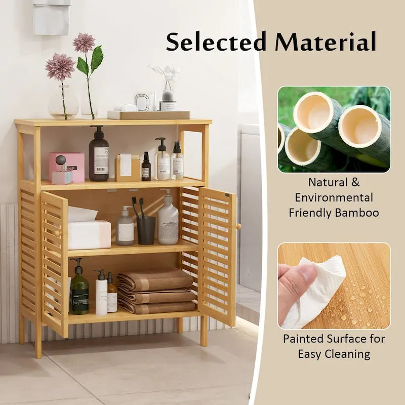 Bamboo Storage Cabinet with Double Louvered Doors, Open Shelf and Removable Interior Shelf