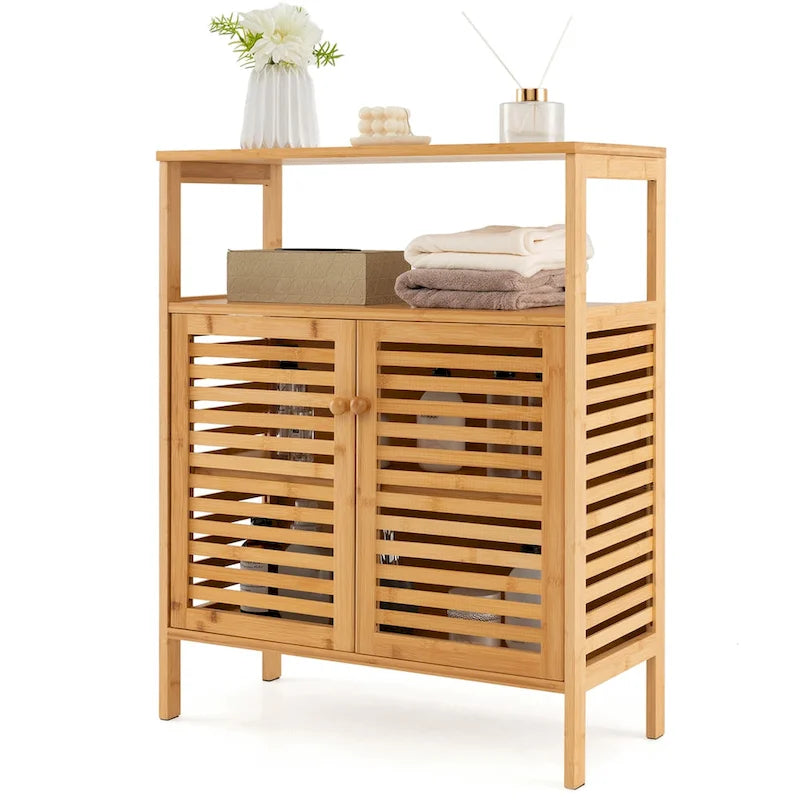 Bamboo Storage Cabinet with Double Louvered Doors, Open Shelf and Removable Interior Shelf
