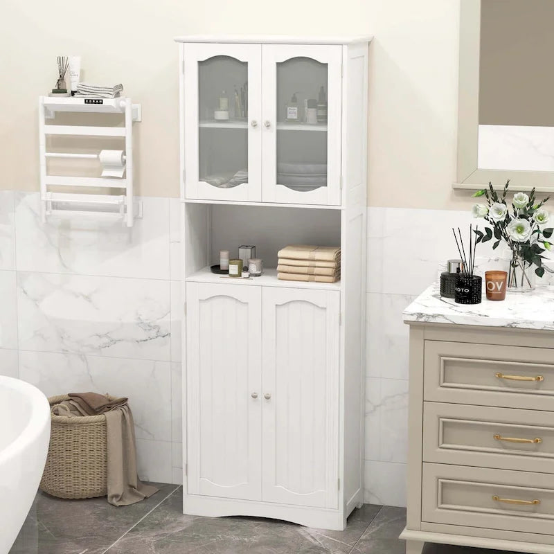 64.5-Inch Tall Bathroom Cabinet with Tempered Glass Doors and 2 Adjustable Shelves