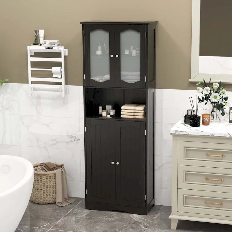 64.5-Inch Tall Bathroom Cabinet with Tempered Glass Doors and 2 Adjustable Shelves
