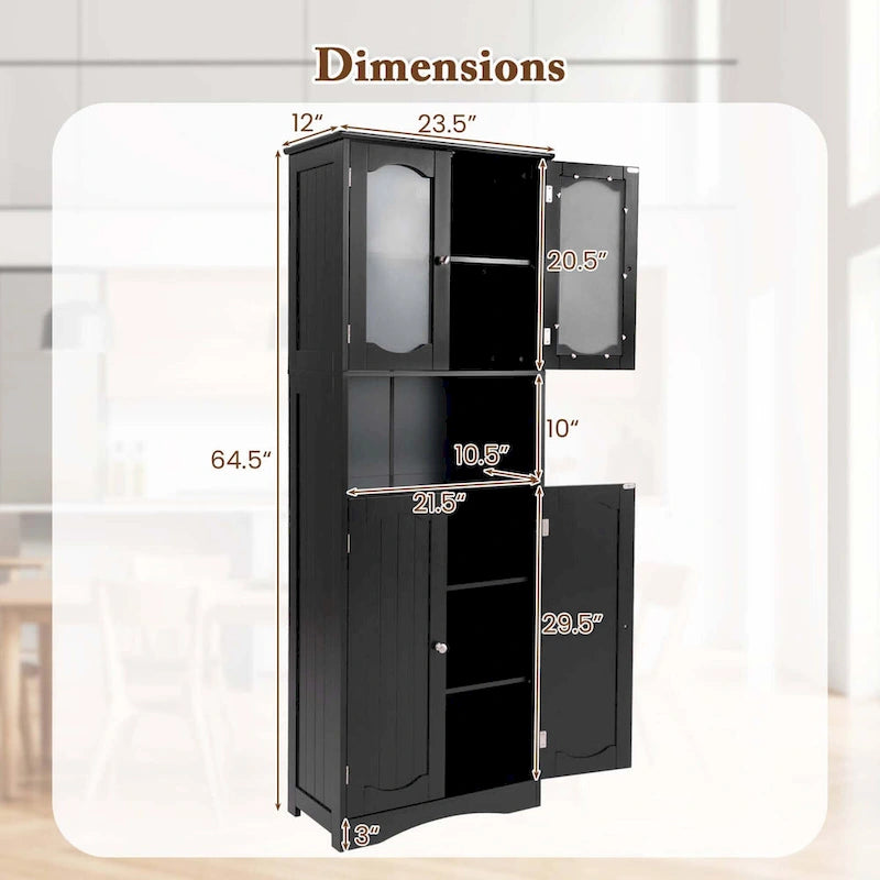 64.5-Inch Tall Bathroom Cabinet with Tempered Glass Doors and 2 Adjustable Shelves