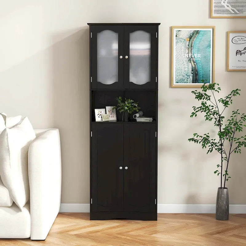 64.5-Inch Tall Bathroom Cabinet with Tempered Glass Doors and 2 Adjustable Shelves