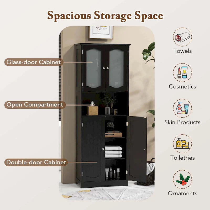 64.5-Inch Tall Bathroom Cabinet with Tempered Glass Doors and 2 Adjustable Shelves