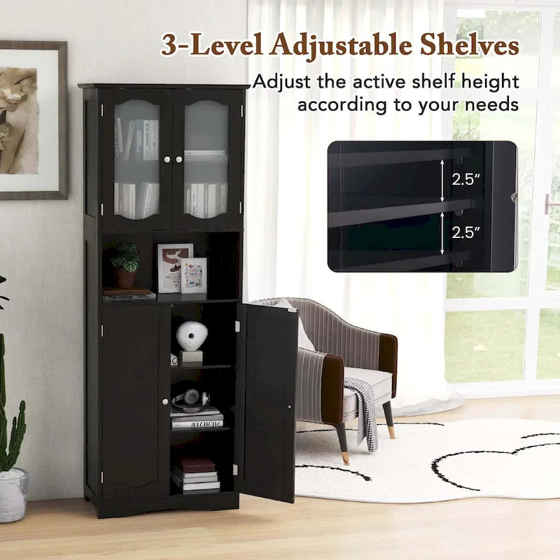 64.5-Inch Tall Bathroom Cabinet with Tempered Glass Doors and 2 Adjustable Shelves