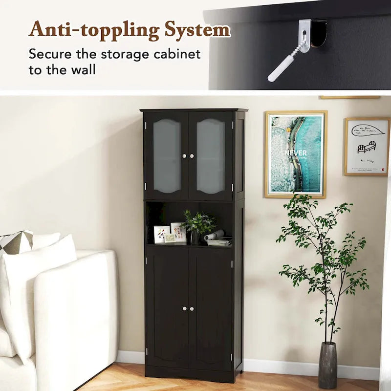 64.5-Inch Tall Bathroom Cabinet with Tempered Glass Doors and 2 Adjustable Shelves