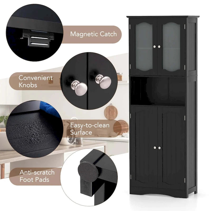 64.5-Inch Tall Bathroom Cabinet with Tempered Glass Doors and 2 Adjustable Shelves