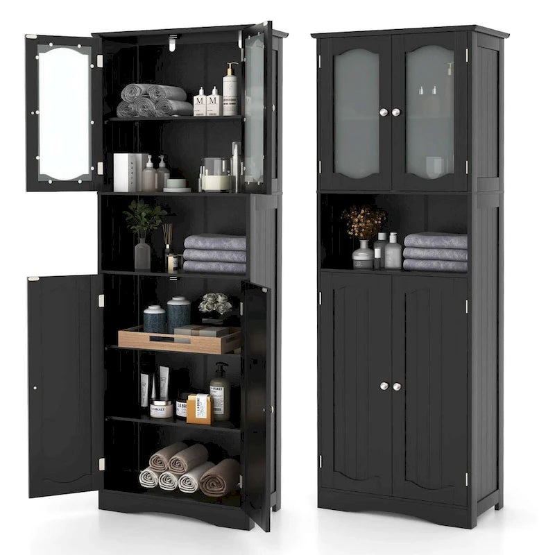 64.5-Inch Tall Bathroom Cabinet with Tempered Glass Doors and 2 Adjustable Shelves