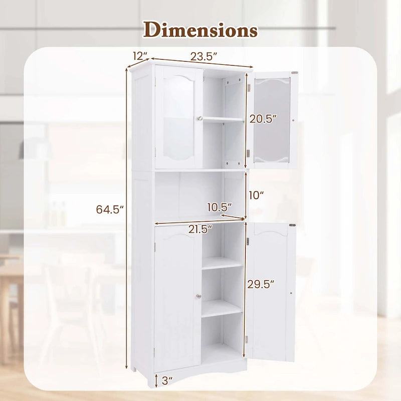 64.5-Inch Tall Bathroom Cabinet with Tempered Glass Doors and 2 Adjustable Shelves