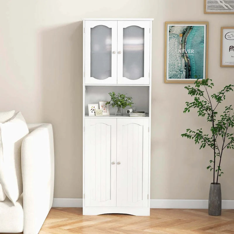 64.5-Inch Tall Bathroom Cabinet with Tempered Glass Doors and 2 Adjustable Shelves