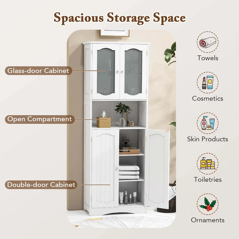 64.5-Inch Tall Bathroom Cabinet with Tempered Glass Doors and 2 Adjustable Shelves