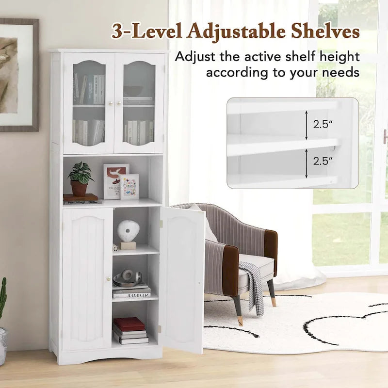 64.5-Inch Tall Bathroom Cabinet with Tempered Glass Doors and 2 Adjustable Shelves