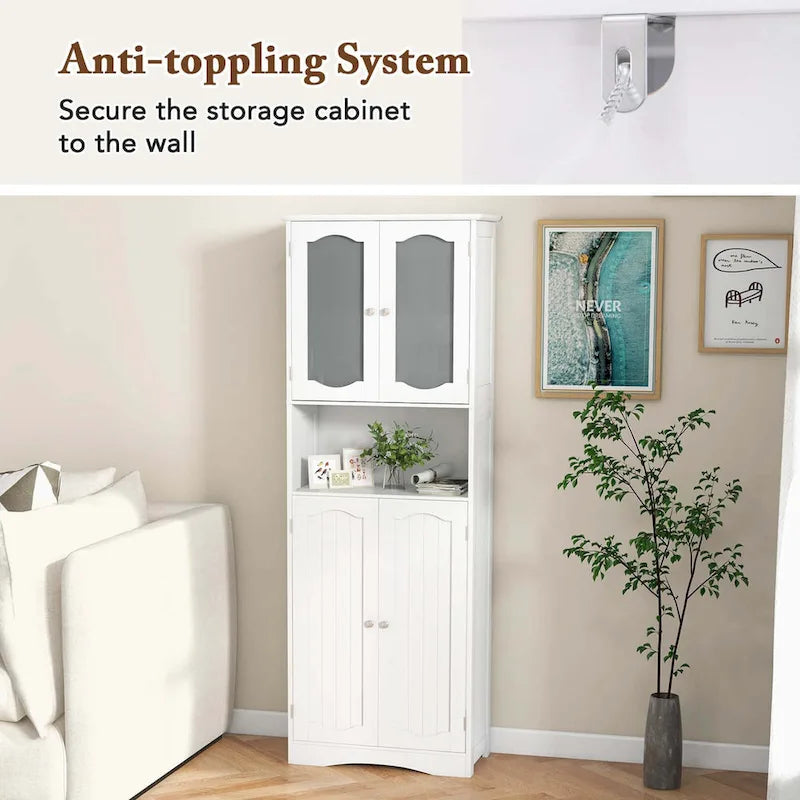 64.5-Inch Tall Bathroom Cabinet with Tempered Glass Doors and 2 Adjustable Shelves