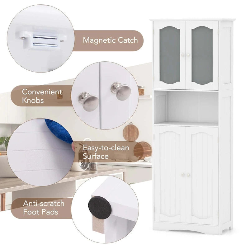 64.5-Inch Tall Bathroom Cabinet with Tempered Glass Doors and 2 Adjustable Shelves