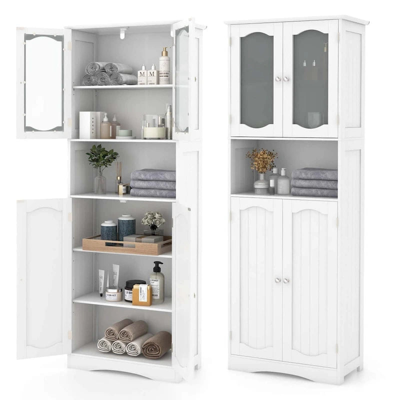 64.5-Inch Tall Bathroom Cabinet with Tempered Glass Doors and 2 Adjustable Shelves