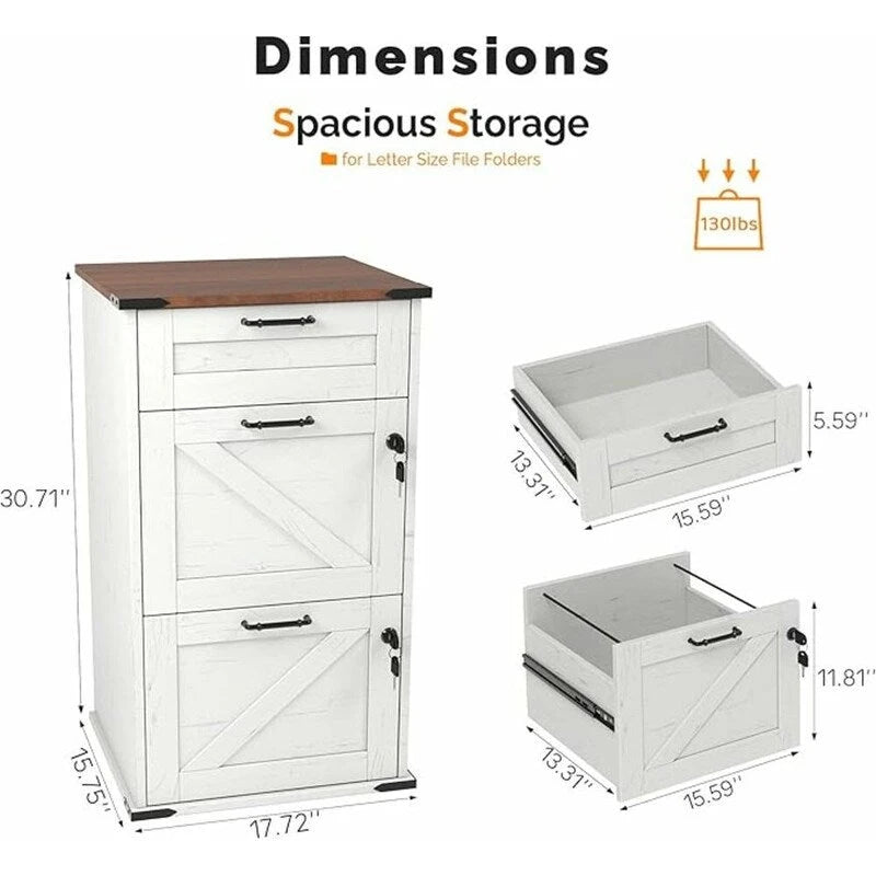 3-Drawer Wood Filing Cabinet with Lock, 30.71 Inches High for Home or Office