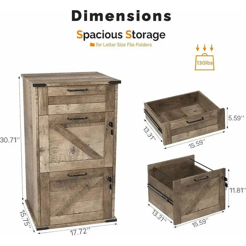 3-Drawer Wood Filing Cabinet with Lock, 30.71 Inches High for Home or Office
