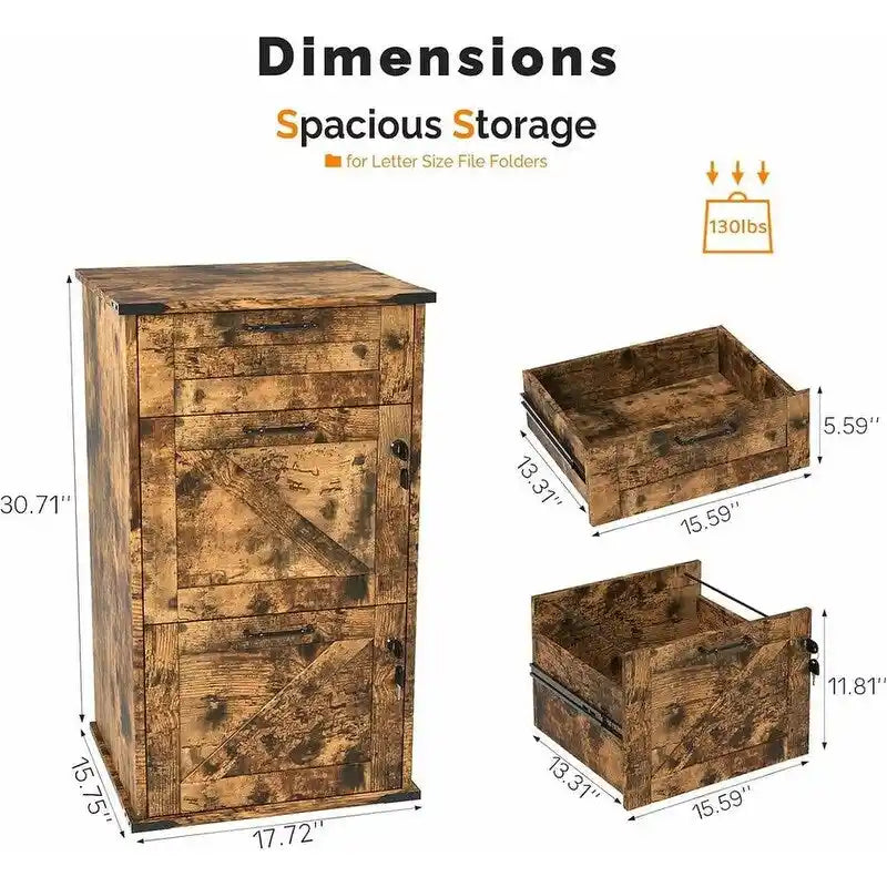 3-Drawer Wood Filing Cabinet with Lock, 30.71 Inches High for Home or Office
