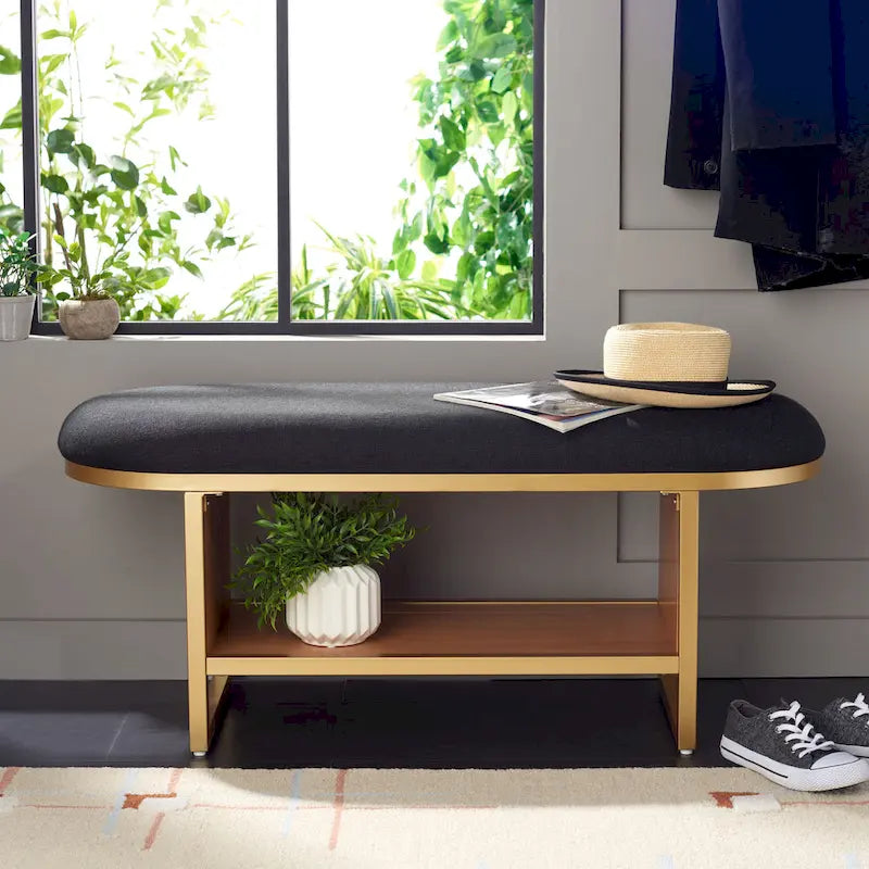 Entryway Storage Bench with Open Shelf, Cushioned Oval Seat and Wood Base