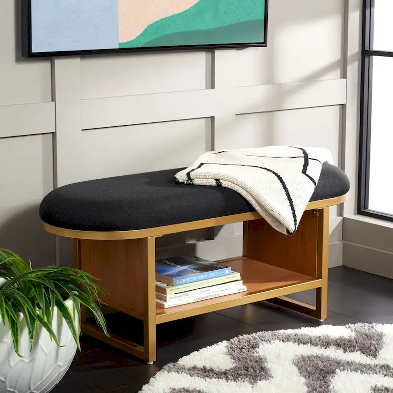 Entryway Storage Bench with Open Shelf, Cushioned Oval Seat and Wood Base