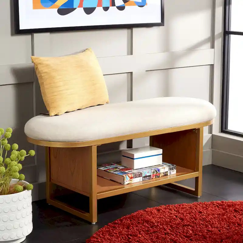 Entryway Storage Bench with Open Shelf, Cushioned Oval Seat and Wood Base