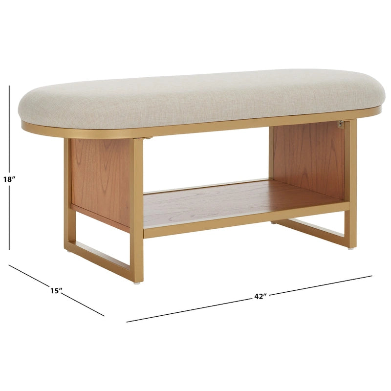 Entryway Storage Bench with Open Shelf, Cushioned Oval Seat and Wood Base