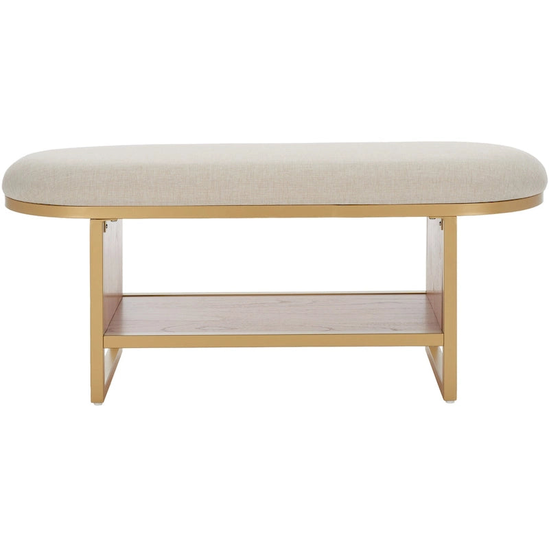Entryway Storage Bench with Open Shelf, Cushioned Oval Seat and Wood Base