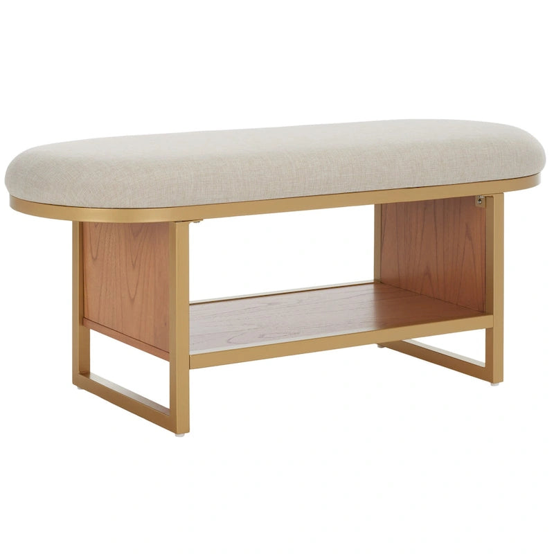 Entryway Storage Bench with Open Shelf, Cushioned Oval Seat and Wood Base