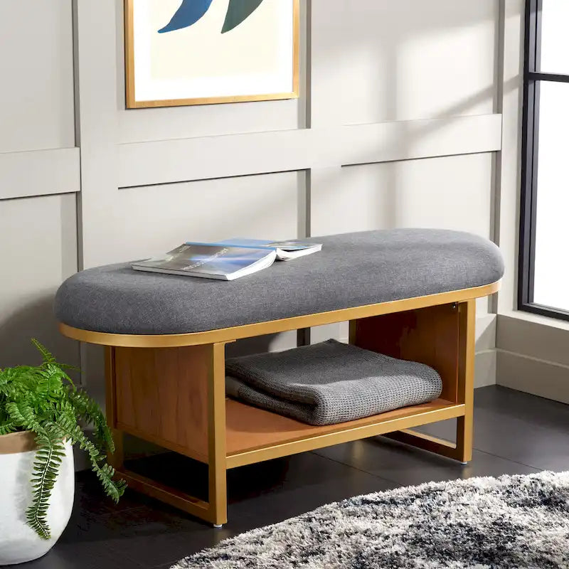 Entryway Storage Bench with Open Shelf, Cushioned Oval Seat and Wood Base
