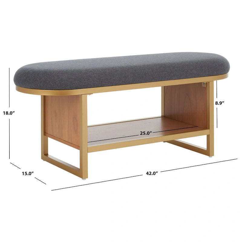 Entryway Storage Bench with Open Shelf, Cushioned Oval Seat and Wood Base