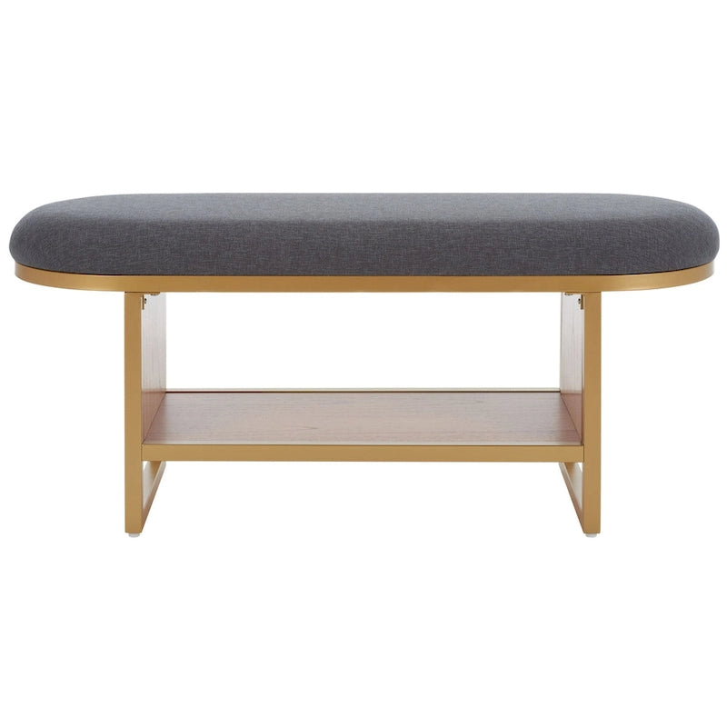 Entryway Storage Bench with Open Shelf, Cushioned Oval Seat and Wood Base