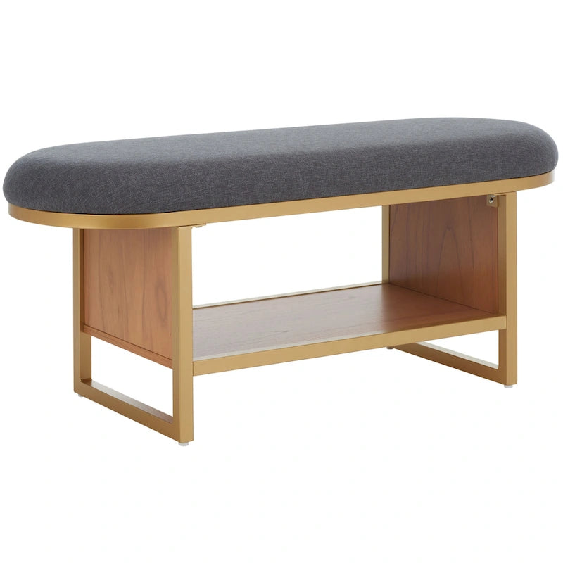 Entryway Storage Bench with Open Shelf, Cushioned Oval Seat and Wood Base