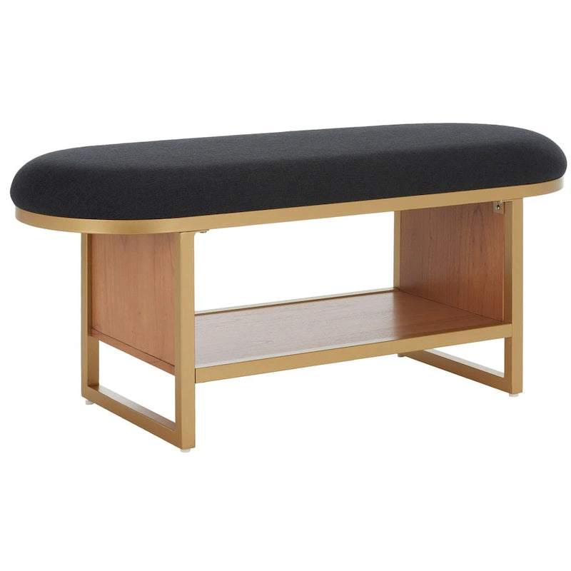 Entryway Storage Bench with Open Shelf, Cushioned Oval Seat and Wood Base