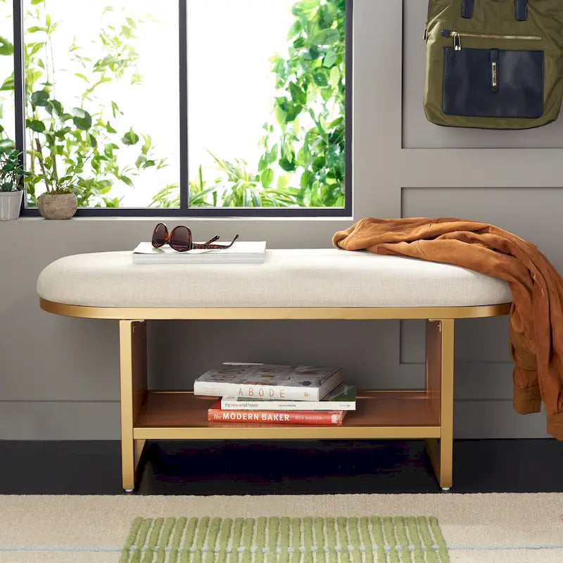 Entryway Storage Bench with Open Shelf, Cushioned Oval Seat and Wood Base